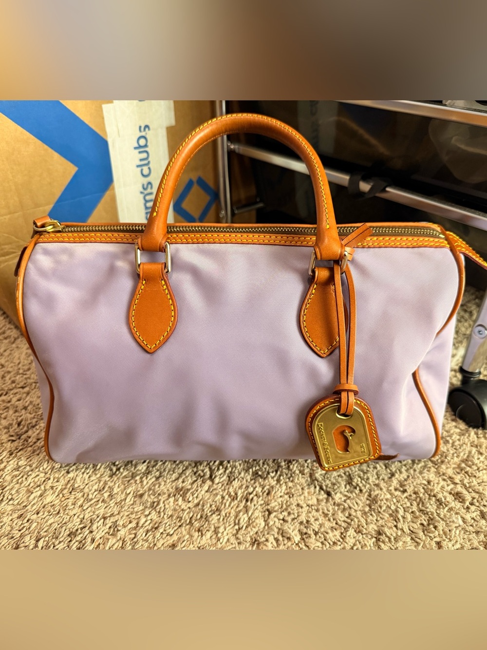 Dooney & Bourke Lavender Nylon Satchel with Tan Leather Trim and Gold Hardware